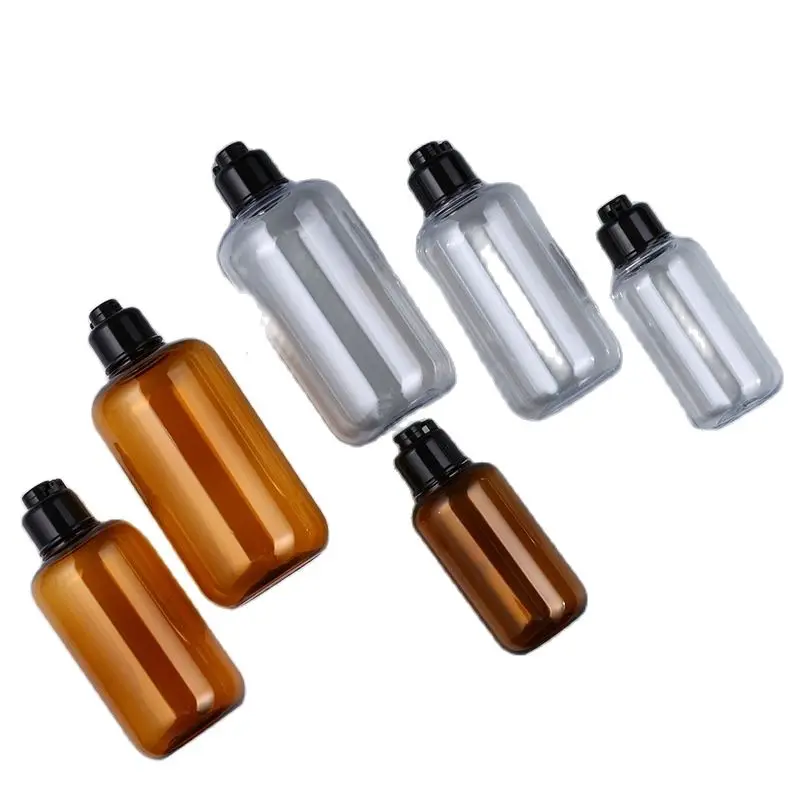 

10pcs Empty Toner Oil Plastic Bottle PET Clear Amber Makeup Refillable Black Screw Lid Emulsion Lotion Bottle 100ml 200ml 300ml