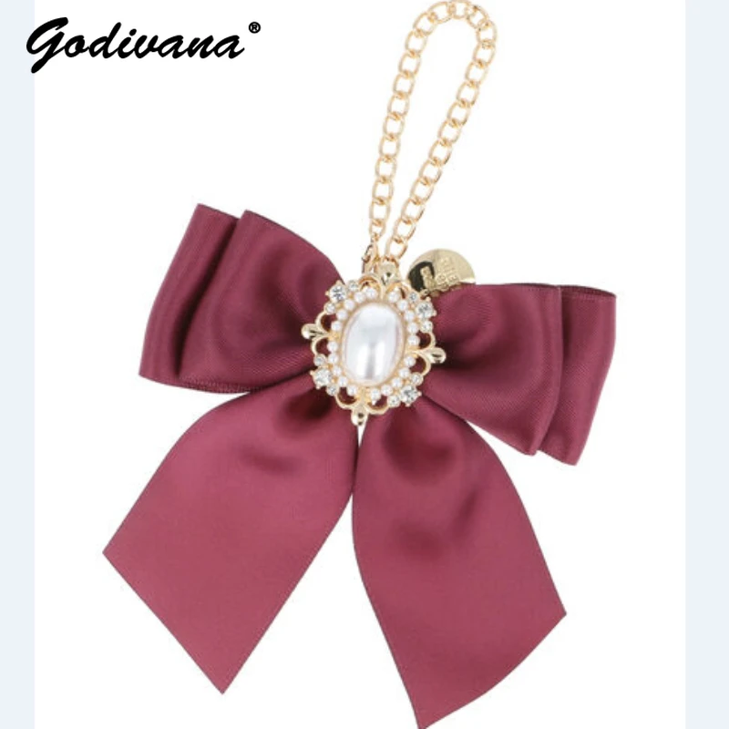 Japanese Style New Cute Ribbon Handbag Pendant Keyrings Female Students Sweet Satin Ribbon Pearl Bowknot Bag Charms