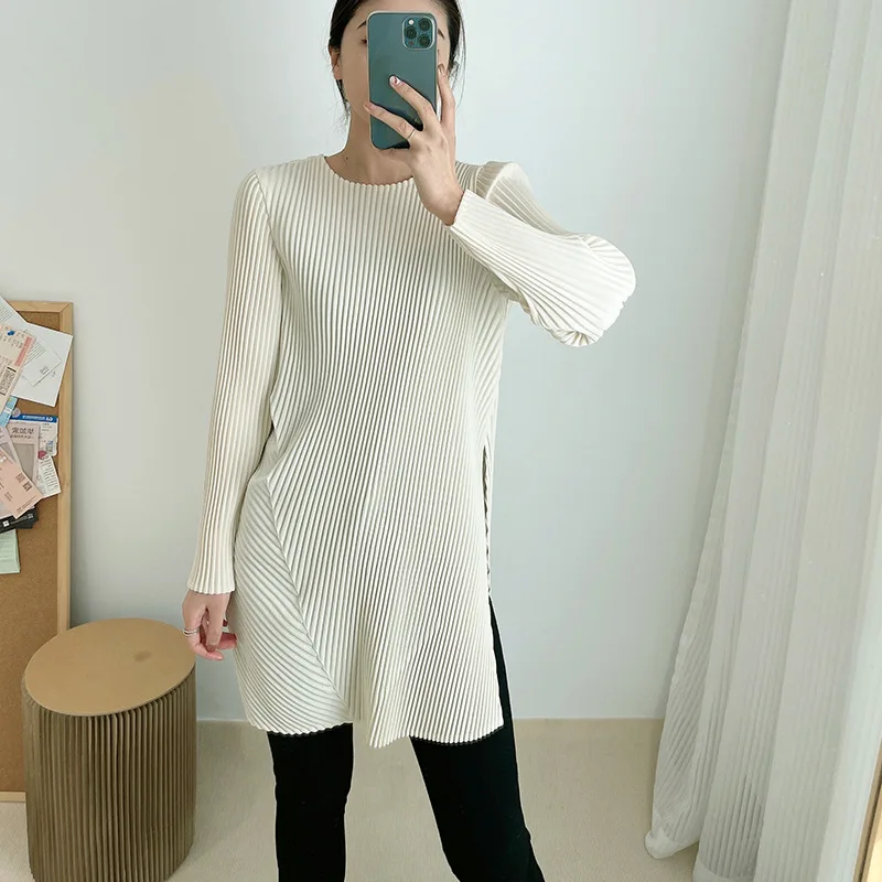 

Плиссированная блузка средней длины, женский свободный пуловер с разрезом сбоку, короткая футболка на весну и лето 2022