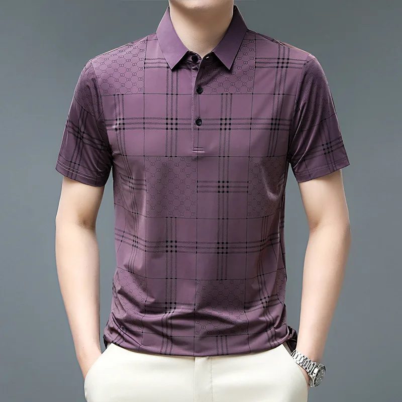

2023 New Ice Silk Short Sleeve Men's Plaid Quick Drying T-shirt Fashion Casual Men's POLO Shirt