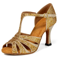 Latin Dance Shoes 2025 New Adult Women's Mid Heel 7.5cm Gold Diamond Set Soft Bottom Dance Shoes 1