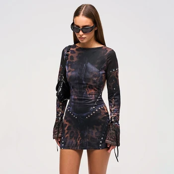 Women's Fashion Leopard Print Slim Flared Long-Sleeved Package Hip Short Skirt Dresses 3