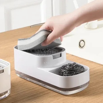 3 In 1 เครื่องจ่ายสบู่เหลวปั๊มสบู่เหลวคอนเทนเนอร์ผู้ถือฟองน้ําเคาน์เตอร์ห้องน้ําอ่างล้างจานถาดระบายน้ํา 1