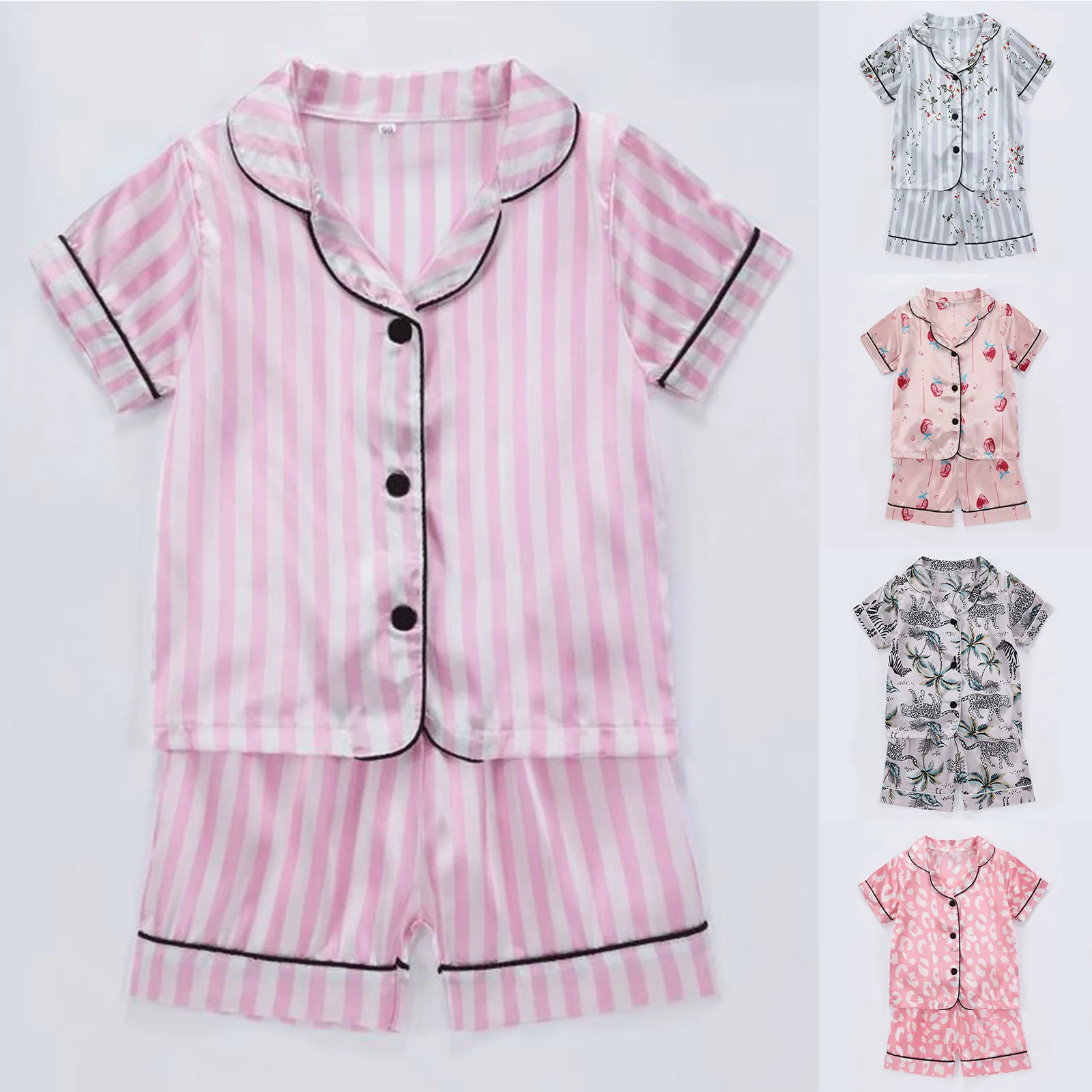 Kids Toddler Baby Girls Spring Summer Cartoon Print Short Sleeve Sleepwear Outfits Pajamas Clothes