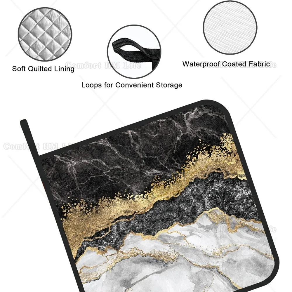 White Black Gold Marble Pot Holders Set of 2 Kitchen Heat Resistant Potholder for Microwave Cooking Baking Oven End Dishes BBQ