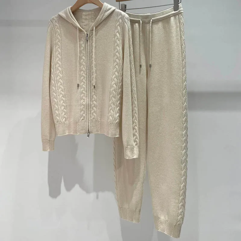 

12.12 Autumn Winter 2 Piece Set Women 100% Cashmere Knitted Hooded Cardigan And Drawstring Pants Suits