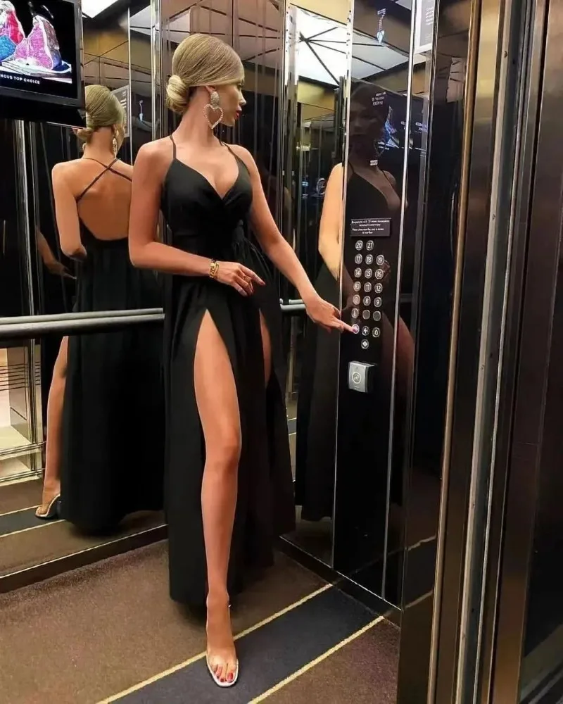 Deep V Neck Sexy Dress For Women High Waist Split Backless Sundress Femme Party Temperament Slim Evening Dresses Woman