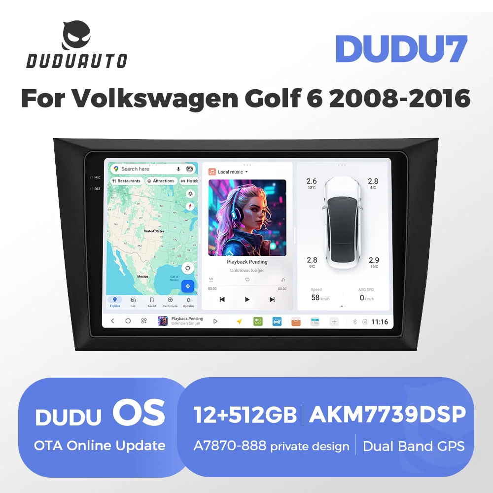 DUDUAUTO Android 13 Für Volkswagen VW Golf 6 2008-2016 Drahtlose Carplay Auto Multimedia Video Player GPS Navigation Auto radio