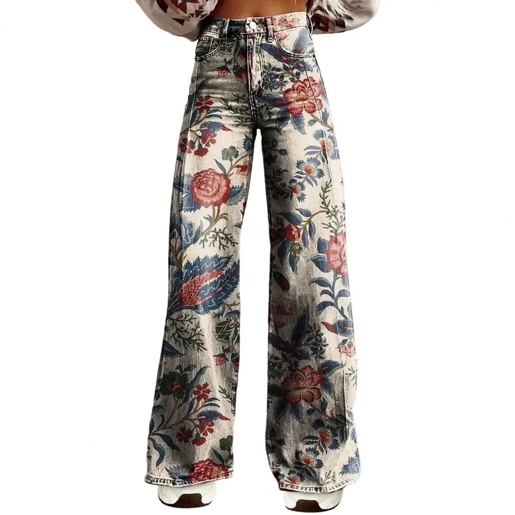 

Loose Women Retro Casual Pants Mid-rise Button Zipper Fly Wide Leg Long Pockets Digital Floral Print Pants Summer