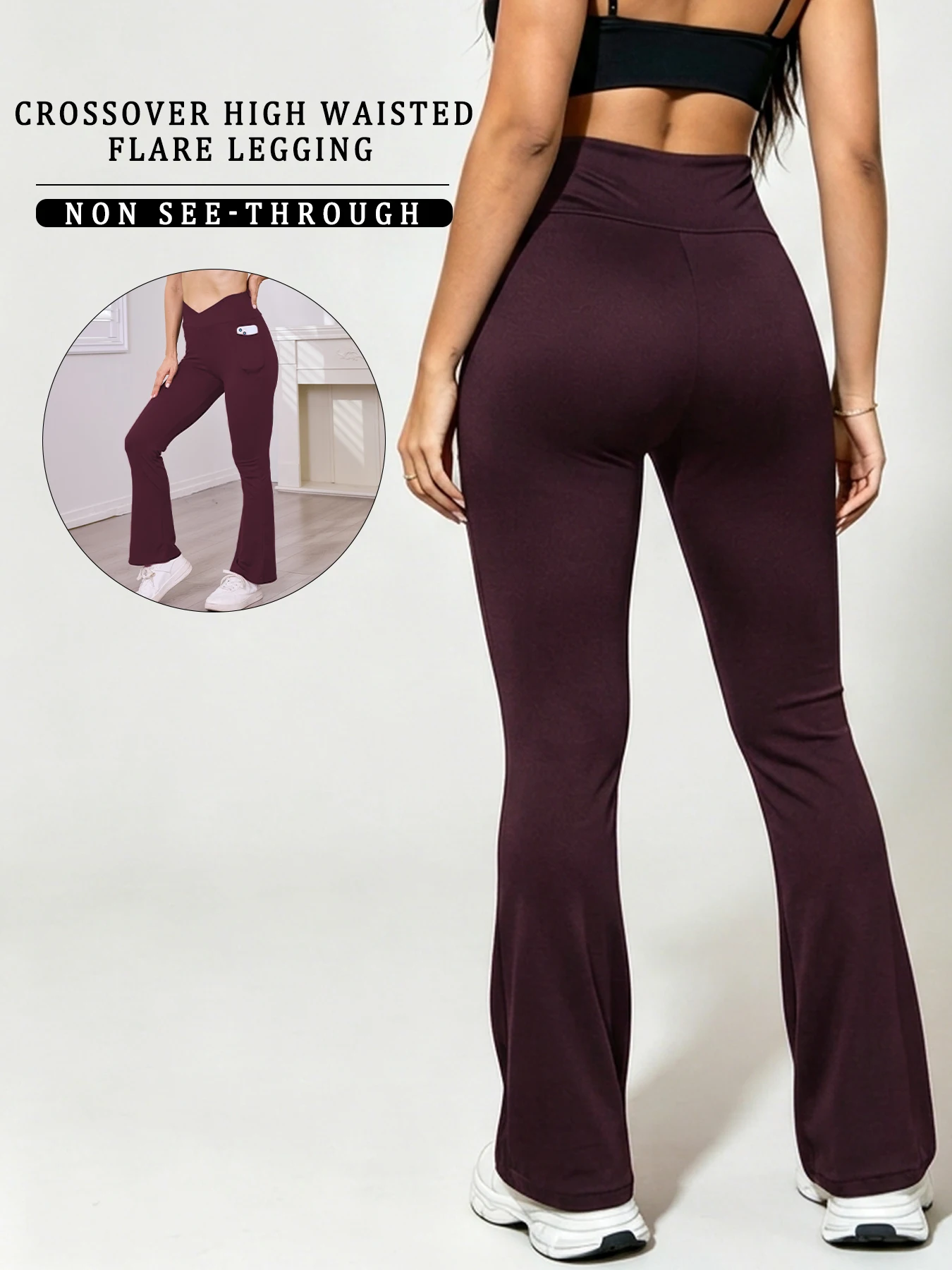 Super Soft Crossover Leggings Women High Waisted Flare with Pockets Tummy Control Yoga Pants 2