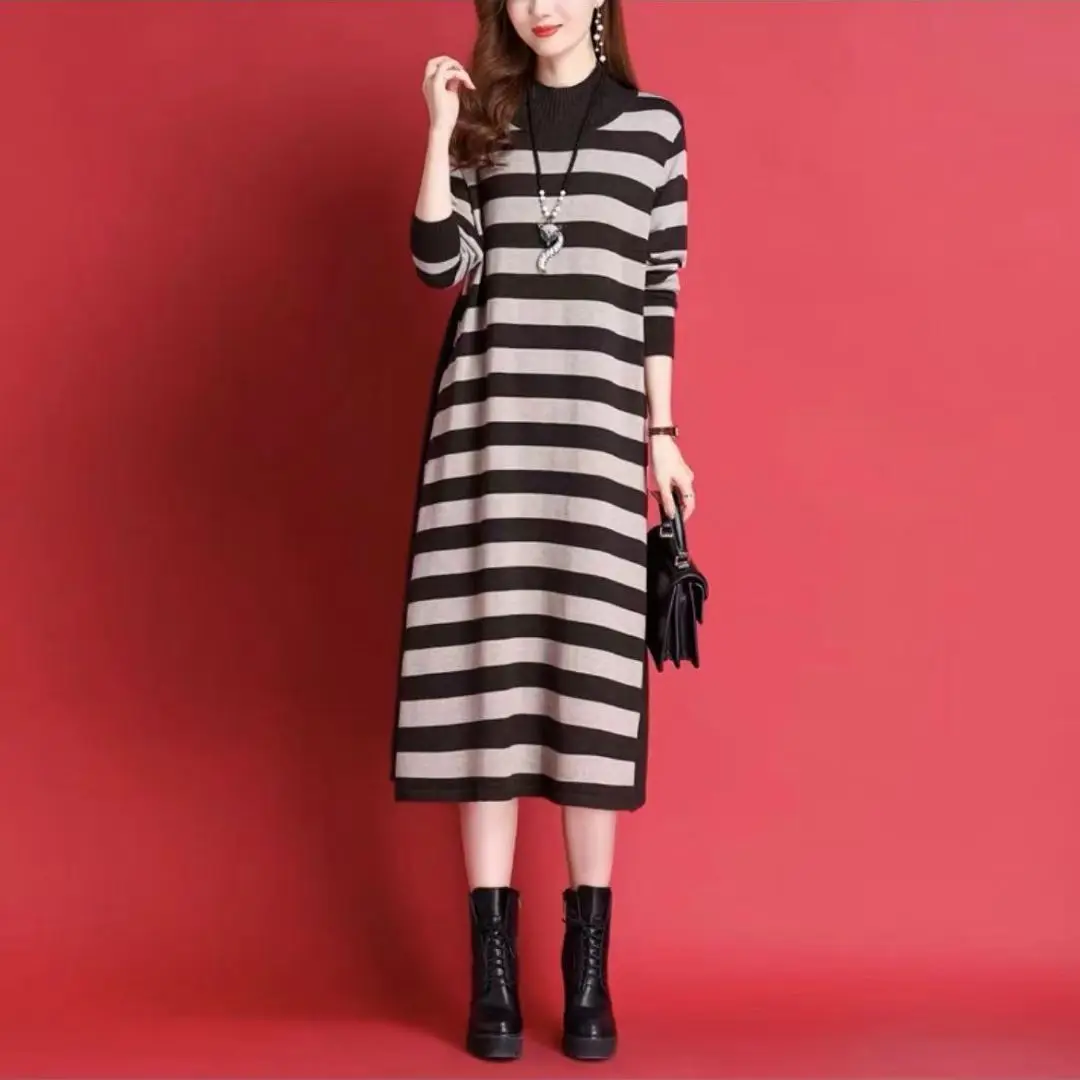 

Fashion Oversize Women Knitting Dress 2023 Spring New Loose Casual Striped Half High Collar Long Sweater Female Dresses Vestidos