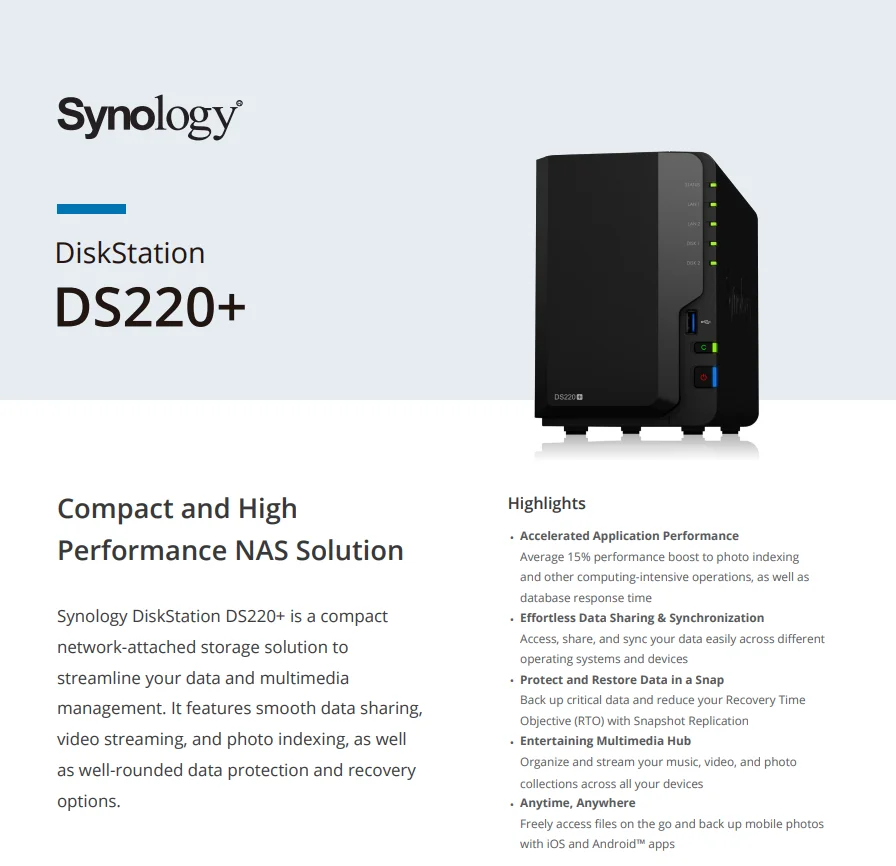 Synology DiskStation DS220+ 2-Bay NAS Enclosure, Black 
