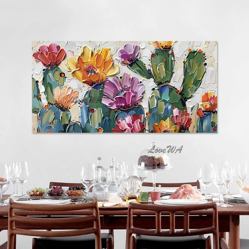 

3d Cactus Flowers Landscape Art Picture Frameless Abstract Canvas Plant Knife Oil Painting Home Room Wall Decor Acrylic Artwork