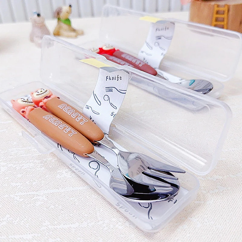 Cute Labubu Stainless Steel Tableware Two-piece Set Children's Silicone Handle Tableware Portable Fork Spoon Children's Products