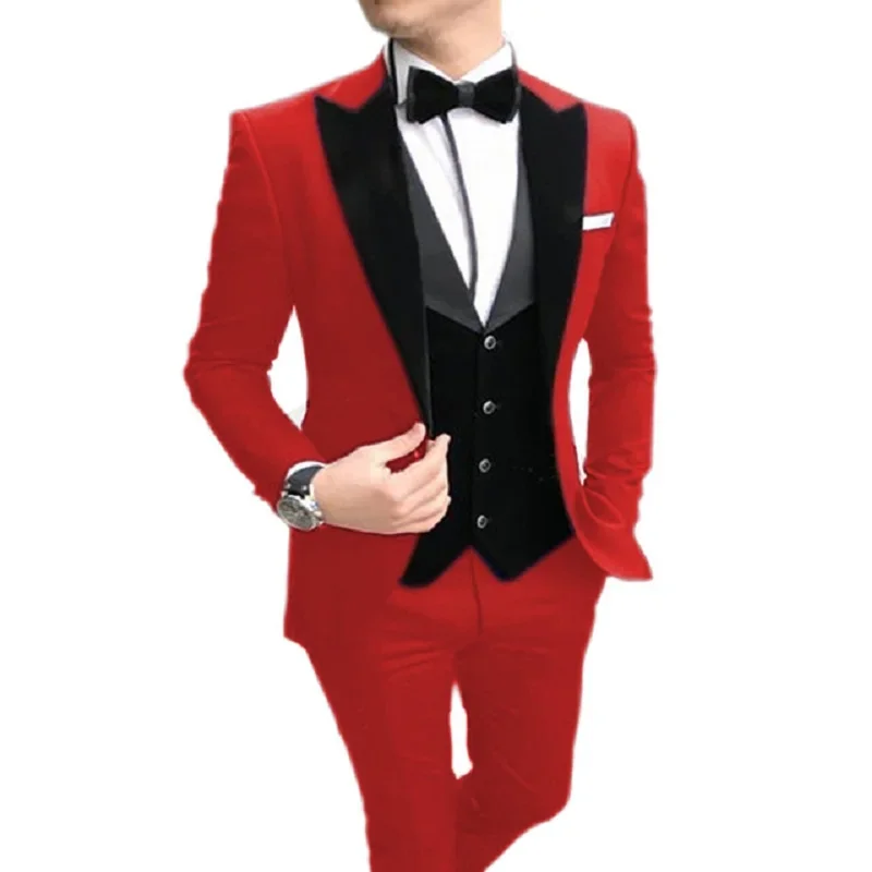 Men Suits 3 Pieces Casual Slim Fit Black Notch Lapel Vest Best Man Tuxedos For Wedding Party Suit(Blazer+vest+Pants)