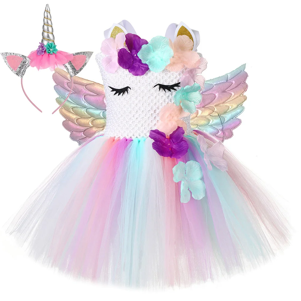 

Flowers Unicorn Costumes for Girls Birthday Party Halloween Outfits for Kids Pastel Unicorns Princess Dresses with Wings Horns