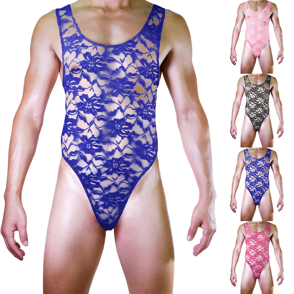 

Lace Mens Bodysuit Leotard Sexy Breathable See-Through Convex Pouch Slim Underwear Comfy Male Beach Lingerie Elastic Nightclub