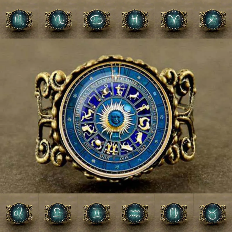 Vintage Blue Yin Yang Wicca Ring Fashion Novelty Zodiac Sign Adjustable Size 8-11 Gift Glass Cabochon Constellation Sun God 2022