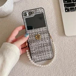 Luxury Texture PU Leather Card Holder Wrist Strap Case for Galaxy Z Flip7 FE (Gray)