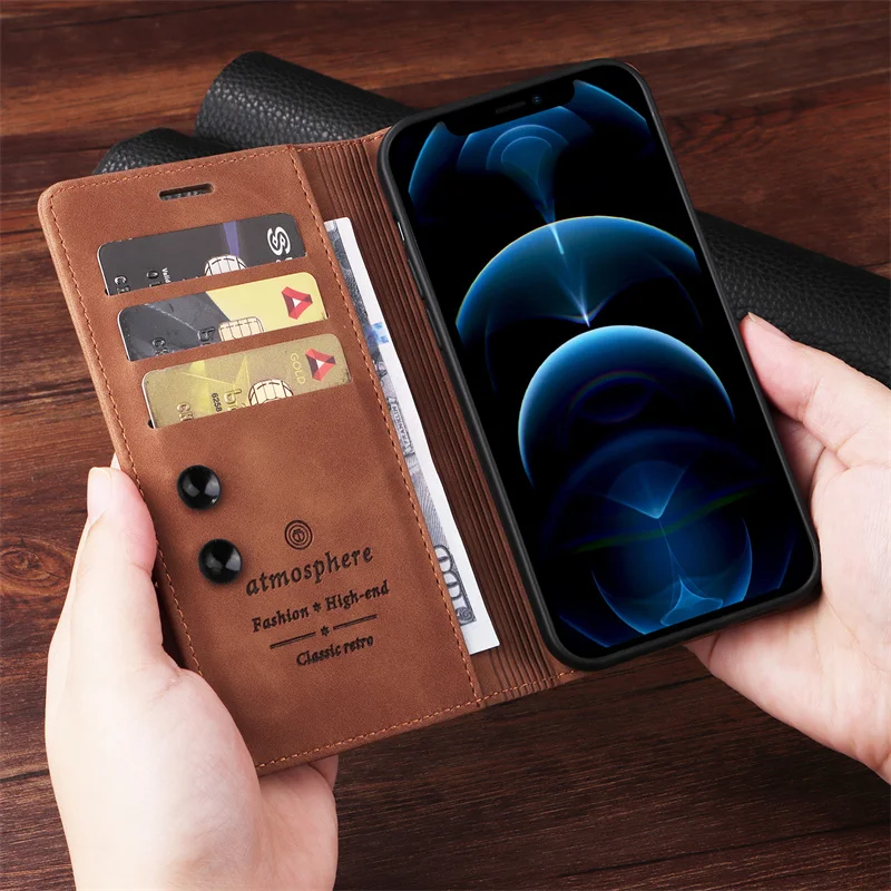 Vintage Leather Suction Cup Flip Case with Stand and Book-Style Design