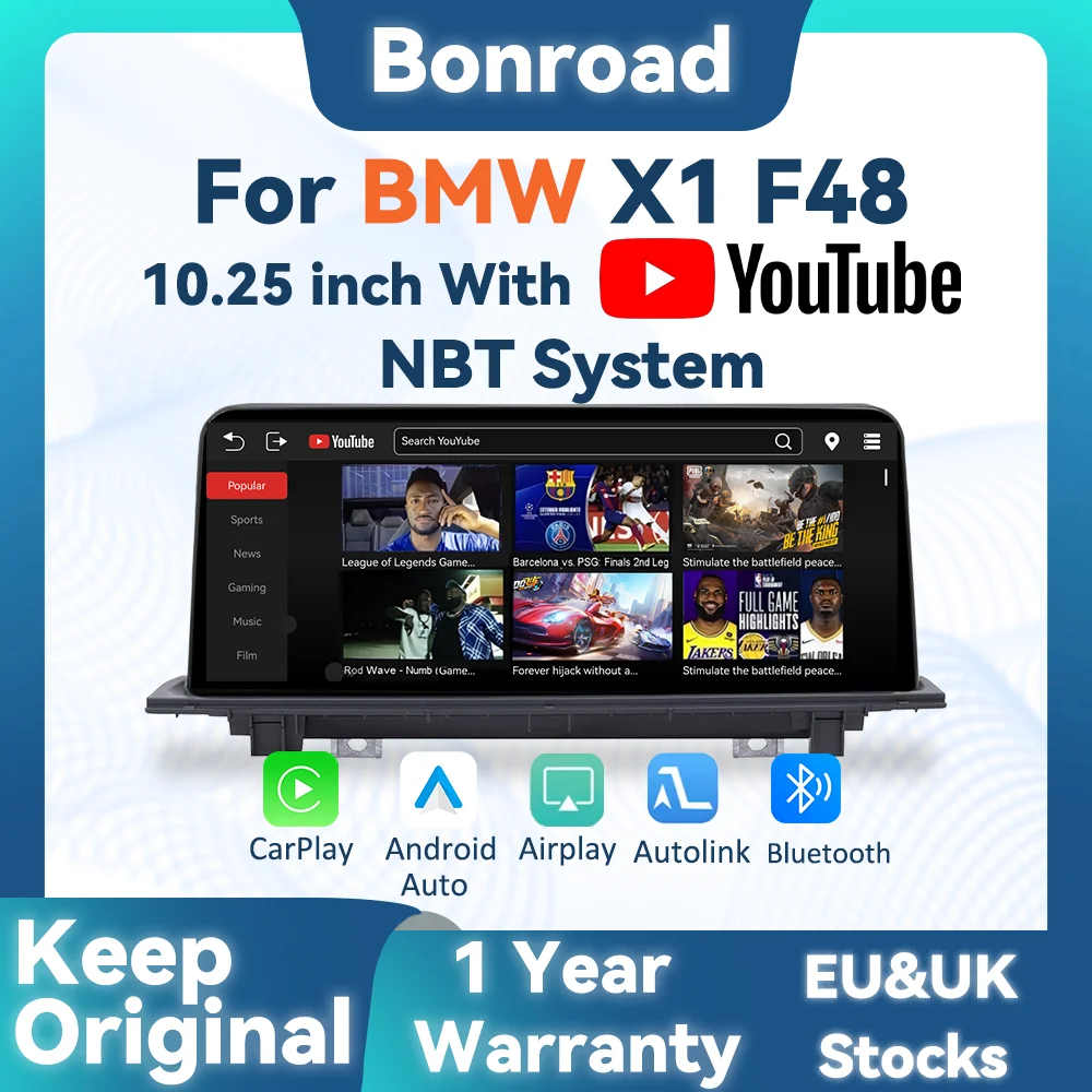 BONROAD 10.25 Bezprzewodowe CarPlay Android Auto Linux Stereo Radio Samochodowe z Youtube Airplay Autolink Mirroring Dla BMW X1 F48 X2 F49 System NBT GPS Nawigacja Multimedialny Ekran Dotykowy