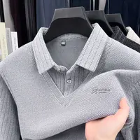 Pull pour hommes col Polo étiquette Patchwork rayures doublure en laine peluche tricoté épaissi pull marque de luxe impression Thermo vêtements pour hommes 3
