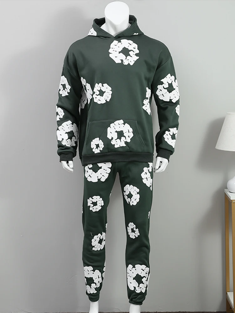 Hooded Sweatshirts Men Flower Printed Hoodie Sweatpants 2 Piece Set Long Sleeve Pullover Sweatershirt Suit Elastice Waist Trousers Outfits