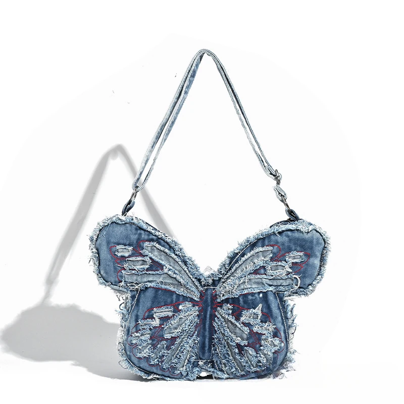 Women's Unique Design Washed Denim Bag with Butterfly Shaped Punk Style Shoulder Crossbody Backpack