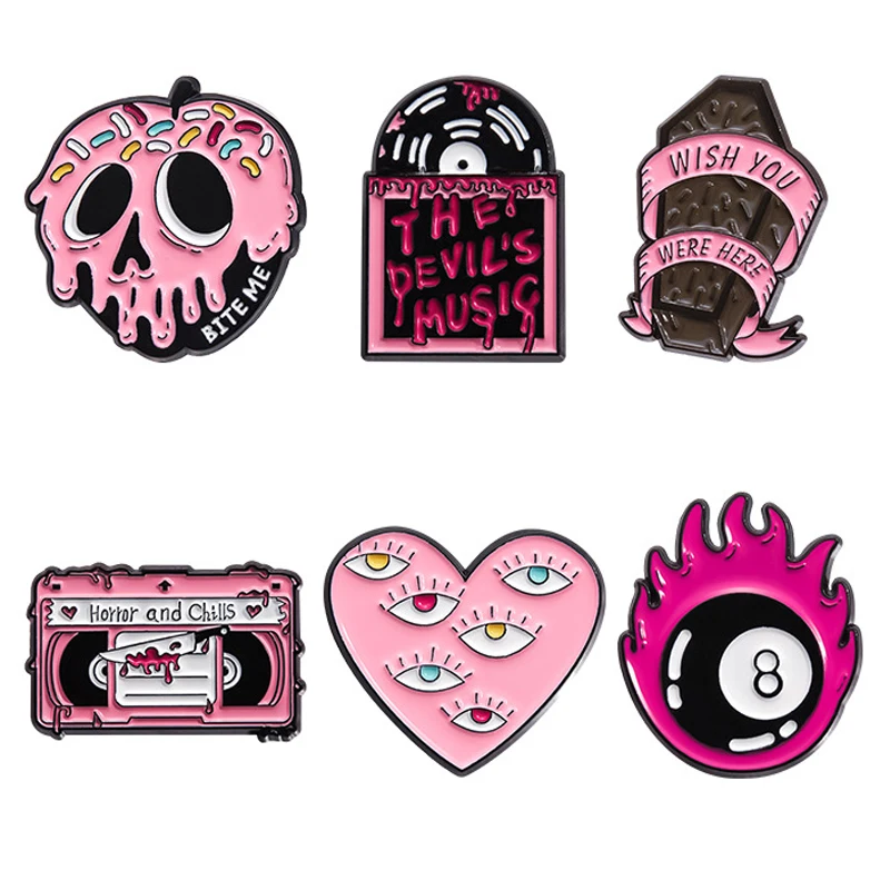 Creative Horror Apple Eyes Enamel Brooch Cartoon Blood Tape CD Coffin Metal Badge Punk Halloween Lapel Pins Jewelry Gift For Kid