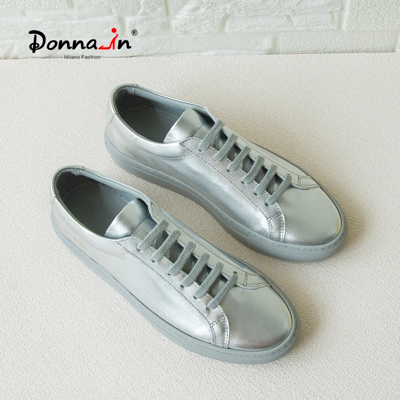 

Donna-in Metal Sliver Genuine Leather Women Sneakers White Flat Shoes 2023 Spring Casual Round Toe Breathable Trainers Footwear