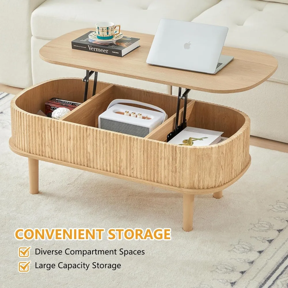 Fluted Lift Top Coffee Table with Hidden Compartment, Fully Assembled Wooden Center Table, Modern Oval Lift Tabletop 5