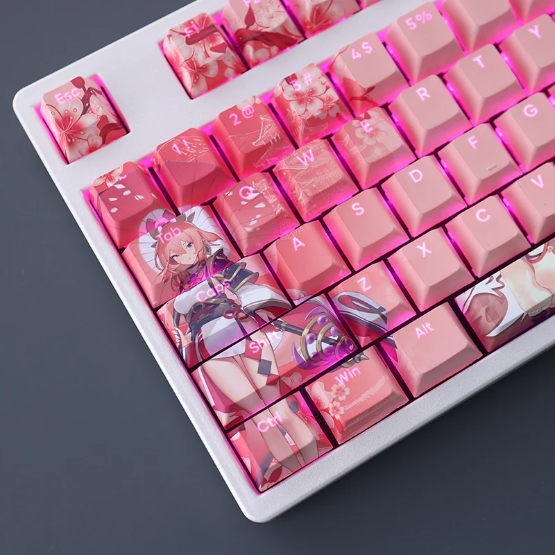 Teclas Conjunto Genshin Impacto Yae Miko Keycap Pbt Tintura Sub Backlit Keycaps Anime Gaming Key Caps para Ansi 61 87 104 108 Teclados 108 - Imagem 6