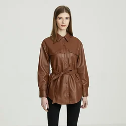 Leather Women Suit Ladies Formal Blazer With Belt Black Brown Female Single Button Business Work Wear Office Lady Jacket Coat