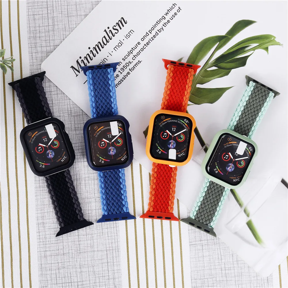 Плетеный соло-браслет для Apple Watch Band Series 7 45 мм 41 мм чехол + ремешок Iwatch 6 5 4 SE 42 мм 44 мм 40 мм 38 мм аксессуары браслет ремешок нейлоновый для apple watch band 44 мм 40 мм 38 мм 42 мм 6 se 5 4 3 эластичный плетеный соло браслет для iwatch series 7 41 мм 45 мм