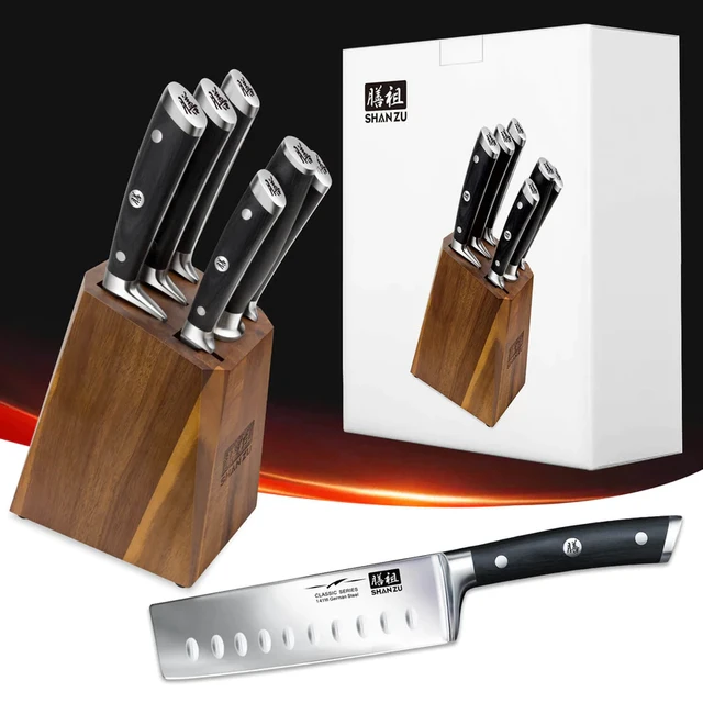 SHAN ZU Stainless Steel Kitchen Knives Set with Wooden Holder, Chef Knife,  German Knife, Block Sharpener Rod, 7Pcs - AliExpress