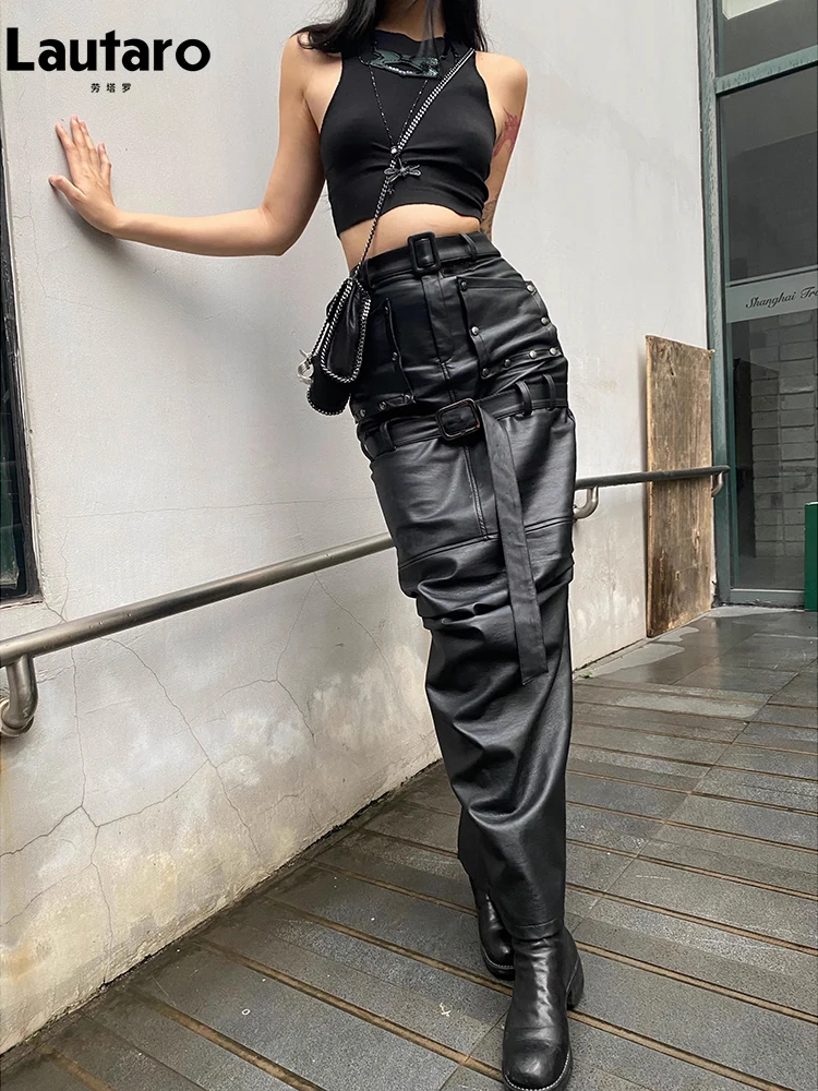 Lautaro Spring Autumn Cool Black Pu Leather Maxi Skirt Women with