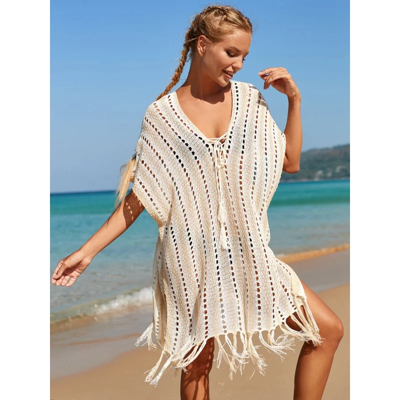 

European and American Beach Cover-up Bikini Hollow Tassel Knitted Beach Dress Swimsuit Vacation Sun Protection Shirt Women's