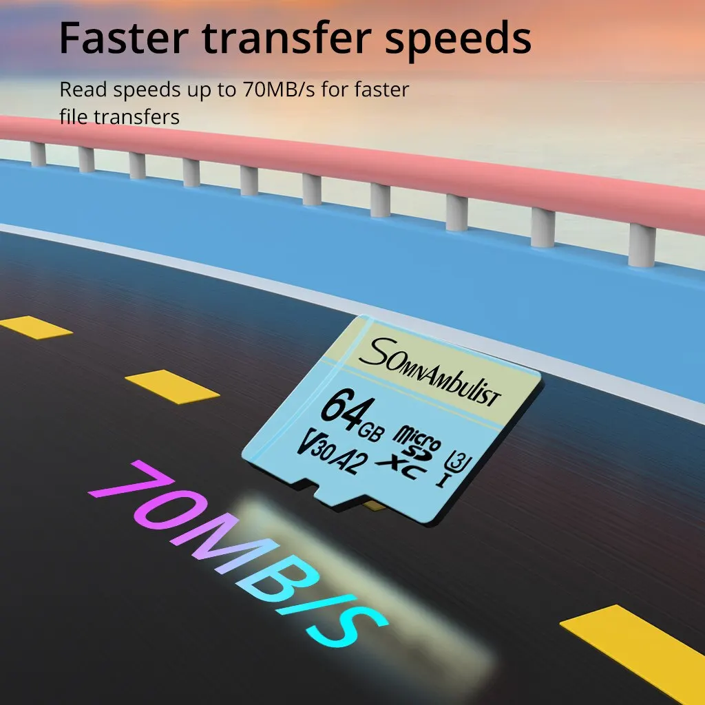 SomnAmbulist 휴대 전화 컴퓨터용 마이크로 SD 카드, 드론 감시 장치 카메라, 64GB A2 메모리 카드, Class10 U3 4K, 64GB