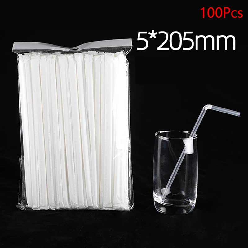 100Pc 20.5cm Individual Packaging Disposable Plastic Curved Drink Straw Wedding Party Bar Drink Birthday Reusable Beverage Straw
