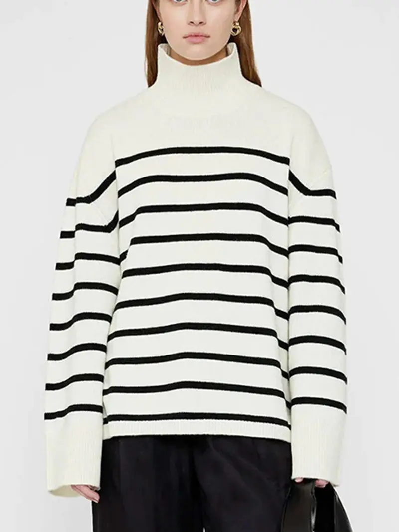 

High Collar Sweater Autumn and Winter New White Stripe Women's High Collar Long Sleeve Cashmere Warm Coat Cashmere Sweater