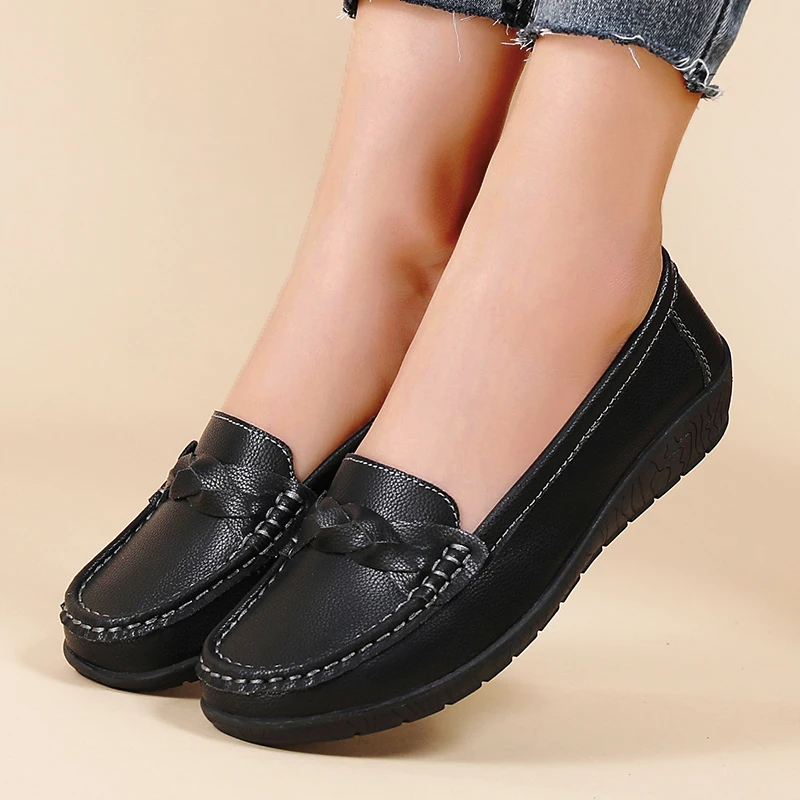 Genuine Leather Wedge Women Flats Fashion Black Women Shoe Slip On