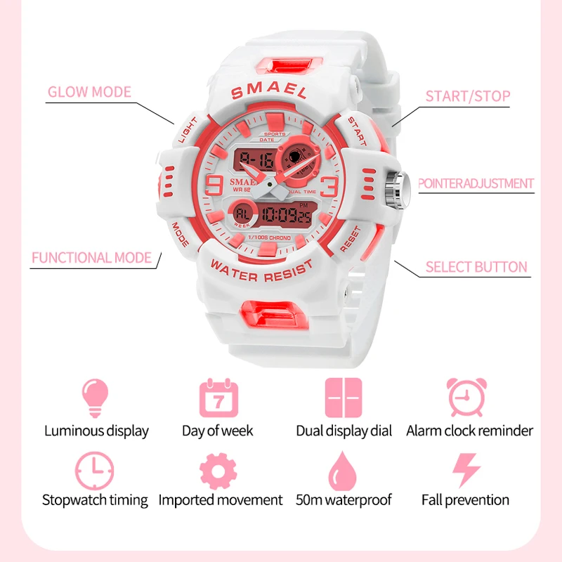 SMAEL Dual Time Sports Women Watch Quartz Student Wristwatches Fashion Female White Dual Time Digital Clock Lady Gift Auto Date 4