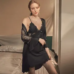 Sleepwear Women Sets Lace Backless Nightgown Bathrobe Sets Silk Lounge Set Satin Mini Night Dress Sexy Robes Women Clothing
