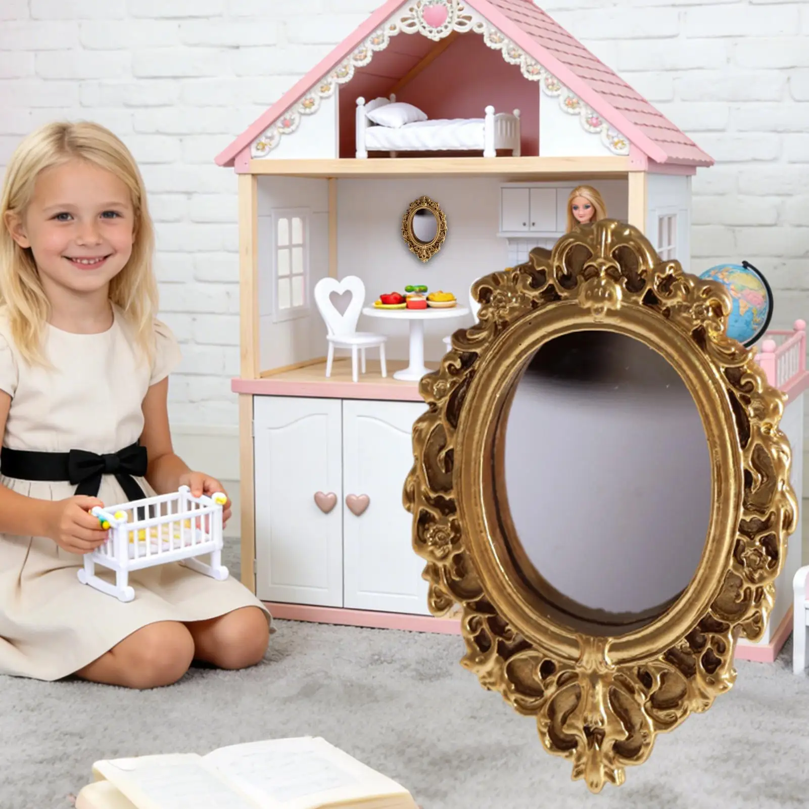 DIY 라운드 인형 집 장식품 미니어처 레트로 거울 1:12 스케일 인형 액세서리 Gloden Frames 소박한 수지 미적 방 장식