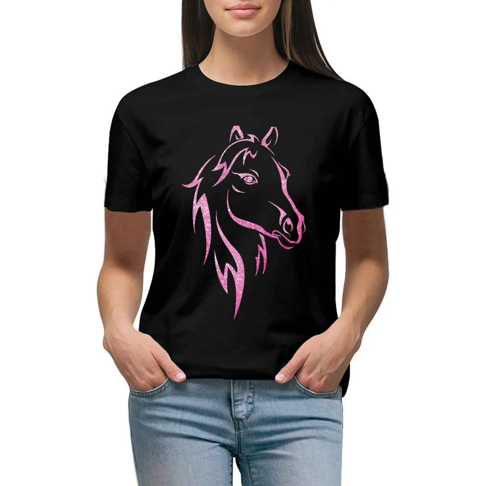 

Pink Glitter Horse Clothing T-shirt summer tops vintage clothes t shirts for Women graphic