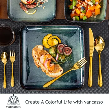Vancasso Stern Dinner Set Green Square Kiln Change Glaze Tableware 16 Piece Kitchen Dinnerware Ceramic Crockery Set for 4 Person 4
