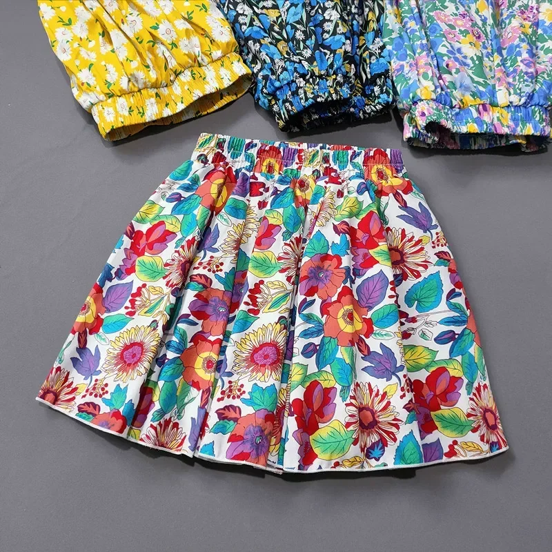 3-16Y Kids Flower Print Skirts Spring Summer Girls Cotton Floral Pleated Skirts Baby Girls Elastic High Waist Mini Skirt Clothes