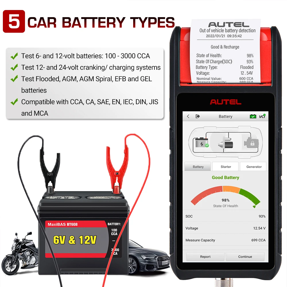 Autel MaxiBAS BT608E Auto Batterie Tester 12V 24V 100-3000 CCA Batterie  Analyzer Alle System Diagnose Batterie registrierung Werkzeug - AliExpress