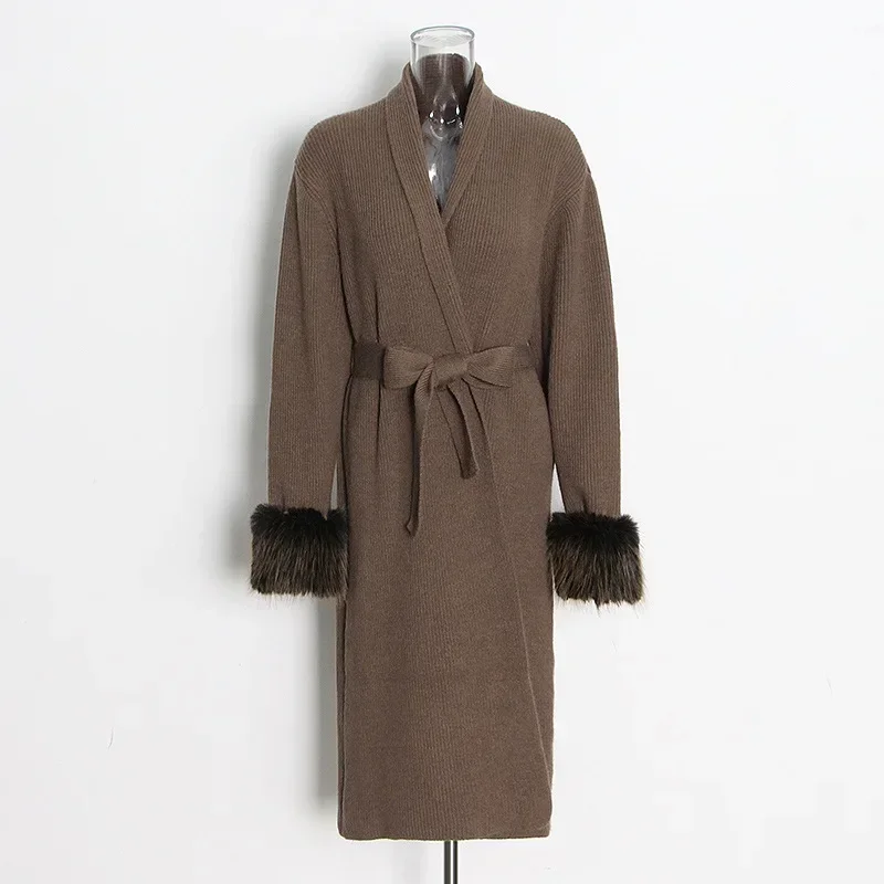 

Autumn and Winter Thick Cashmere Knit Sweater Coat Solid Color Fight Woolen Cuffs Long Waist Belt Elegant Temperament Sweater