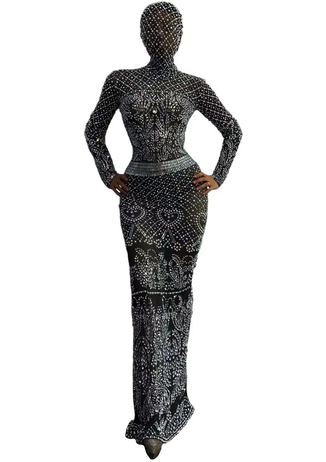 

Evening Full Silver Stones Pearls Mesh Dress Female Singer Performance Outfit Birthday Celebrate Long Dress ZHUBO